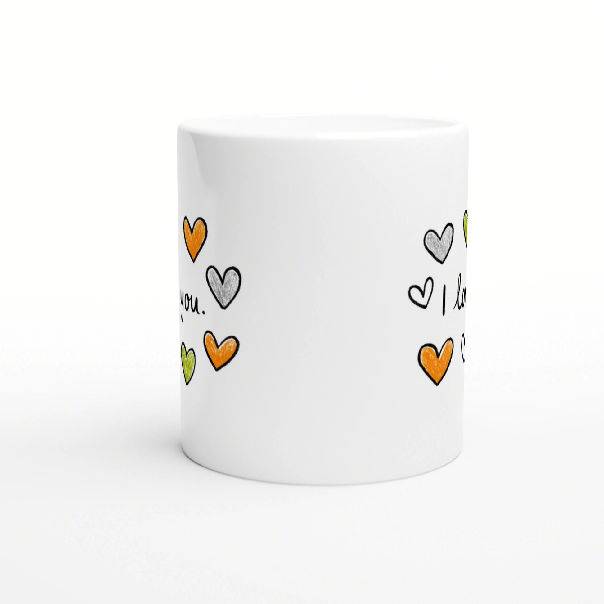 White ceramic mug with a playful, hand-drawn hearts pattern in orange, green and grey around its sides.