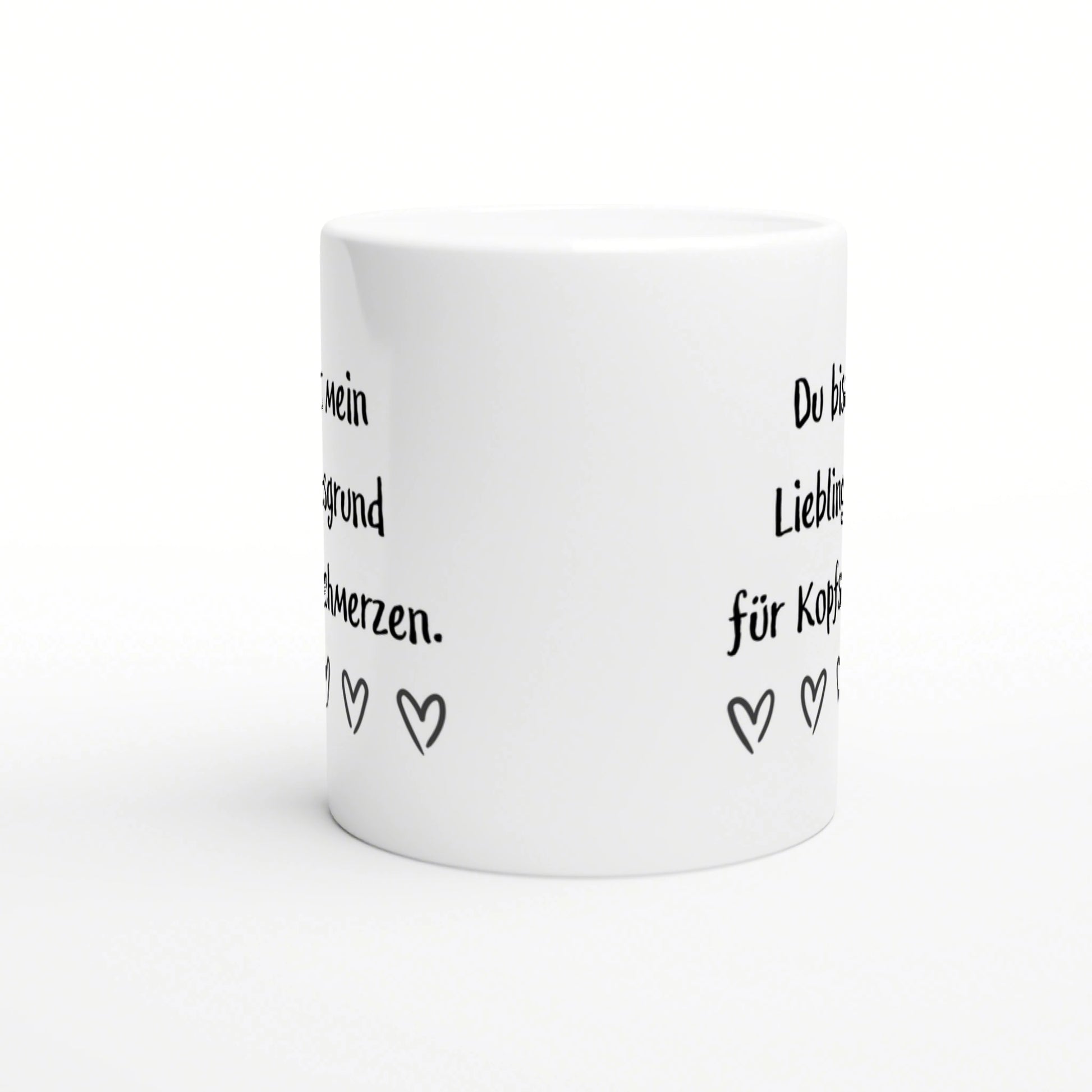 White ceramic mug mockup featuring black handwritten German text and small heart doodles around the side.