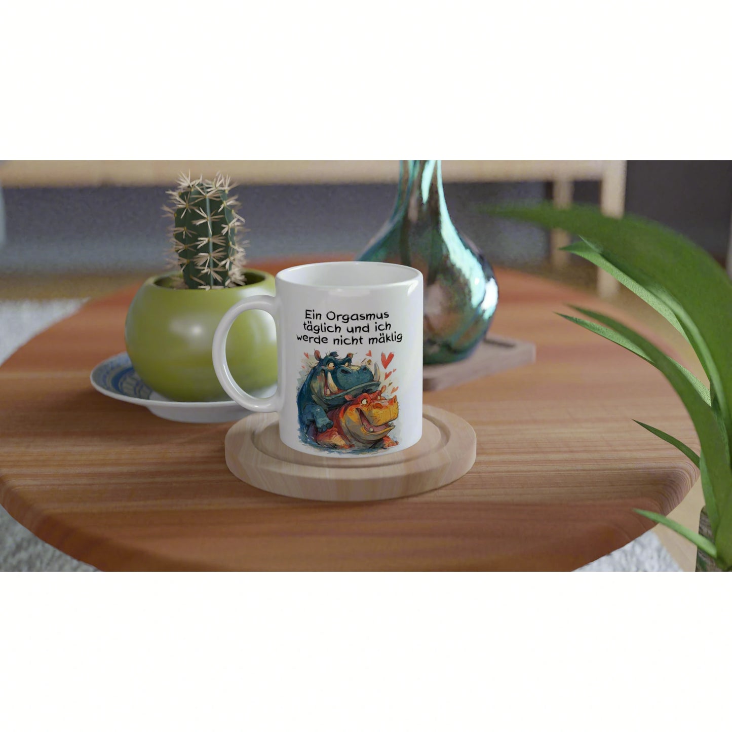 White ceramic mug with a humorous German slogan and dinosaur illustration on a wooden table.