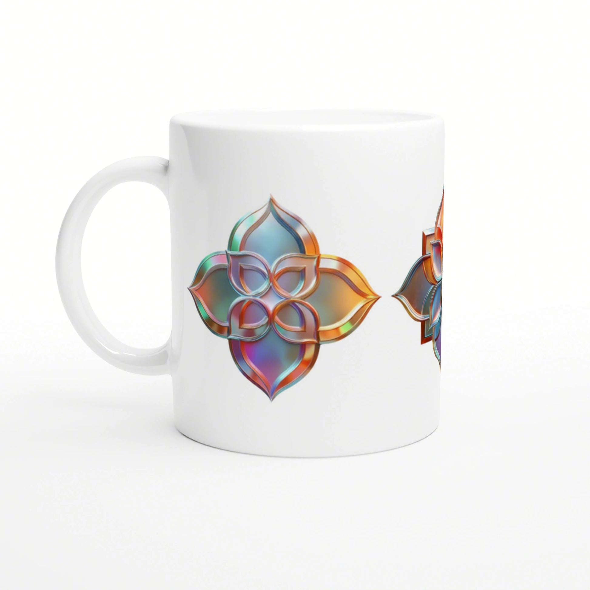 White ceramic mug featuring a colorful iridescent flower design on the side.