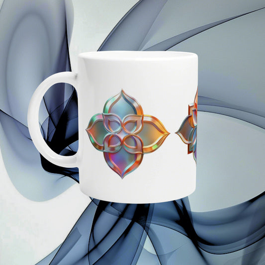 White ceramic mug with an iridescent, geometric flower motif; bright multicolor design shown as a product mockup.