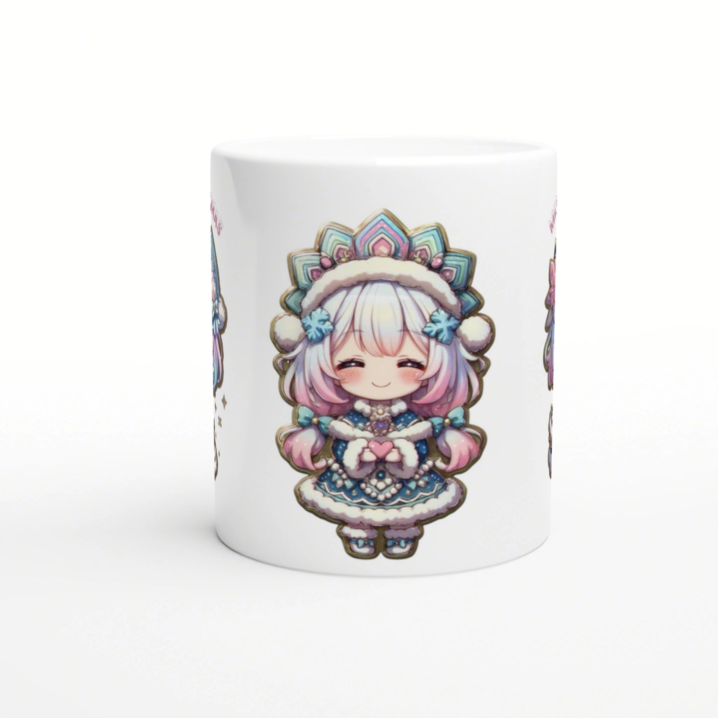 White ceramic mug featuring a kawaii pastel chibi girl in a fluffy winter outfit with a flower crown.