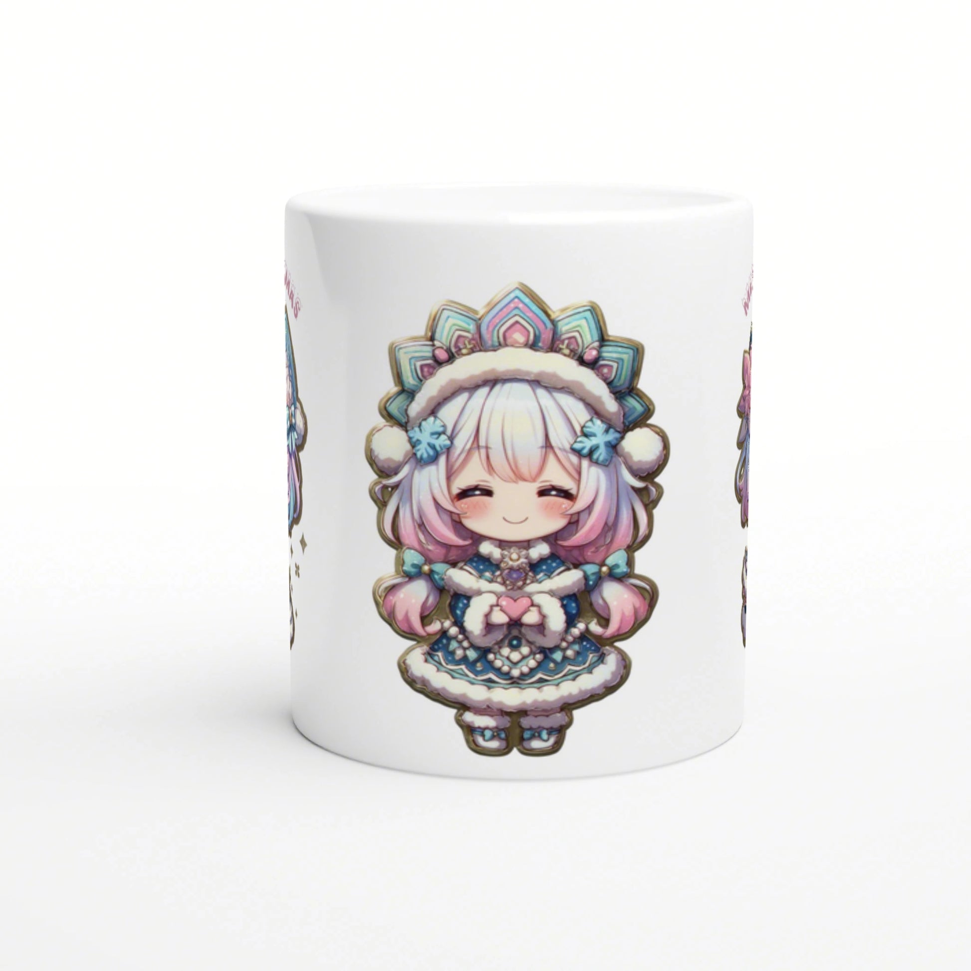 White ceramic mug featuring a kawaii pastel chibi girl in a fluffy winter outfit with a flower crown.