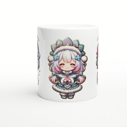 White ceramic mug featuring a kawaii pastel chibi girl in a fluffy winter outfit with a flower crown.