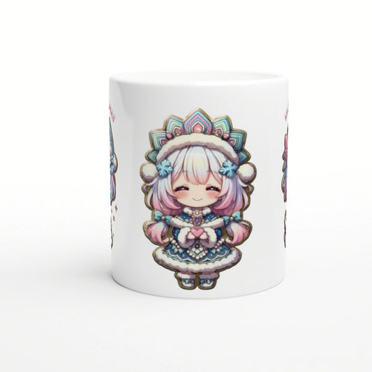 White ceramic mug featuring a kawaii pastel chibi girl in a fluffy winter outfit with a flower crown.