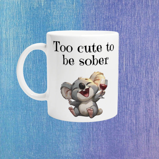 White ceramic mug featuring a laughing koala holding a wine glass and the slogan 'Too cute to be sober'.