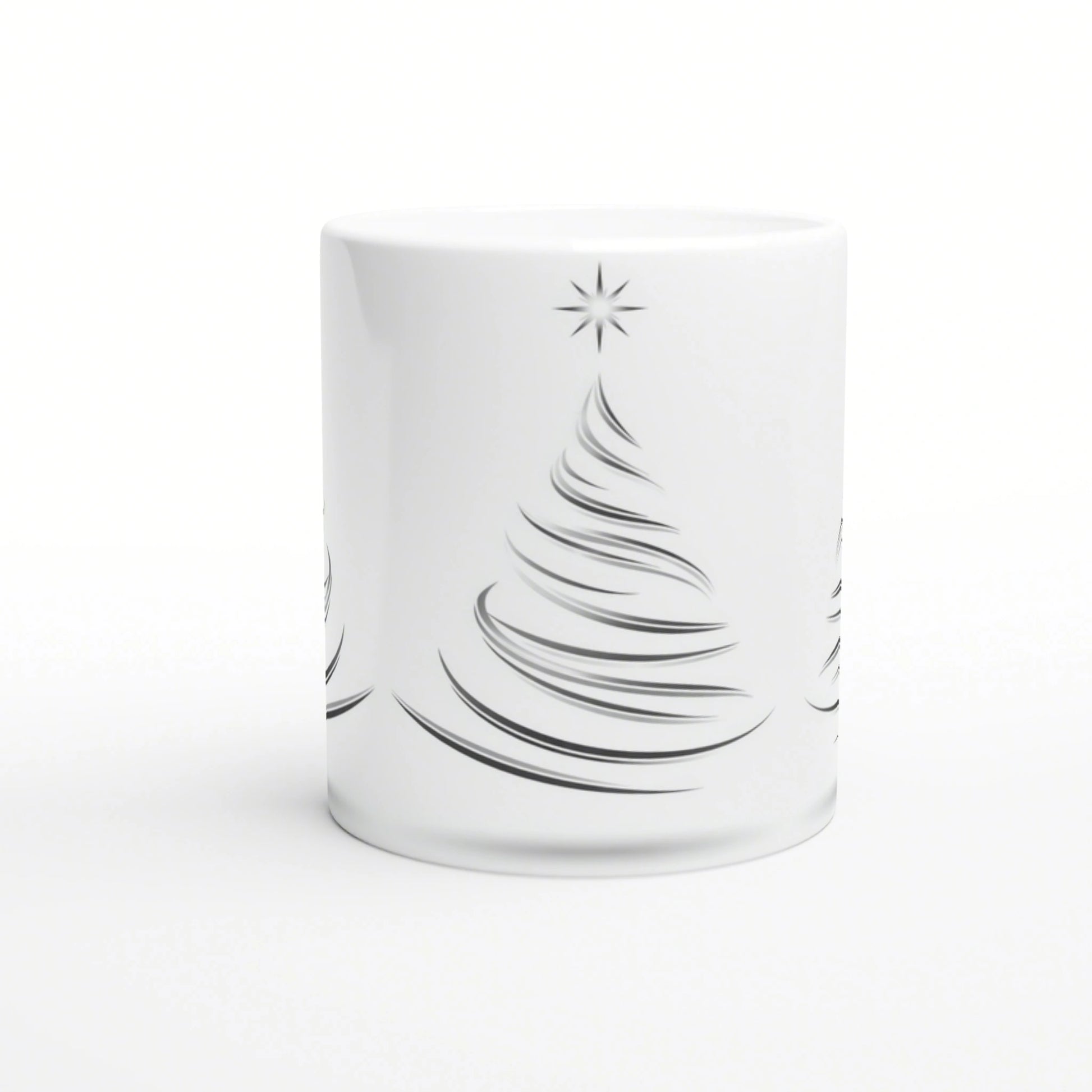 White ceramic mug featuring a minimalist black brushstroke Christmas tree with a star at the top.