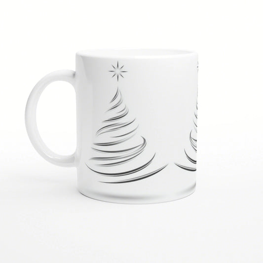 White ceramic mug with a minimalist black sketch of a Christmas tree and a star on top; product mockup for holiday drinkware.