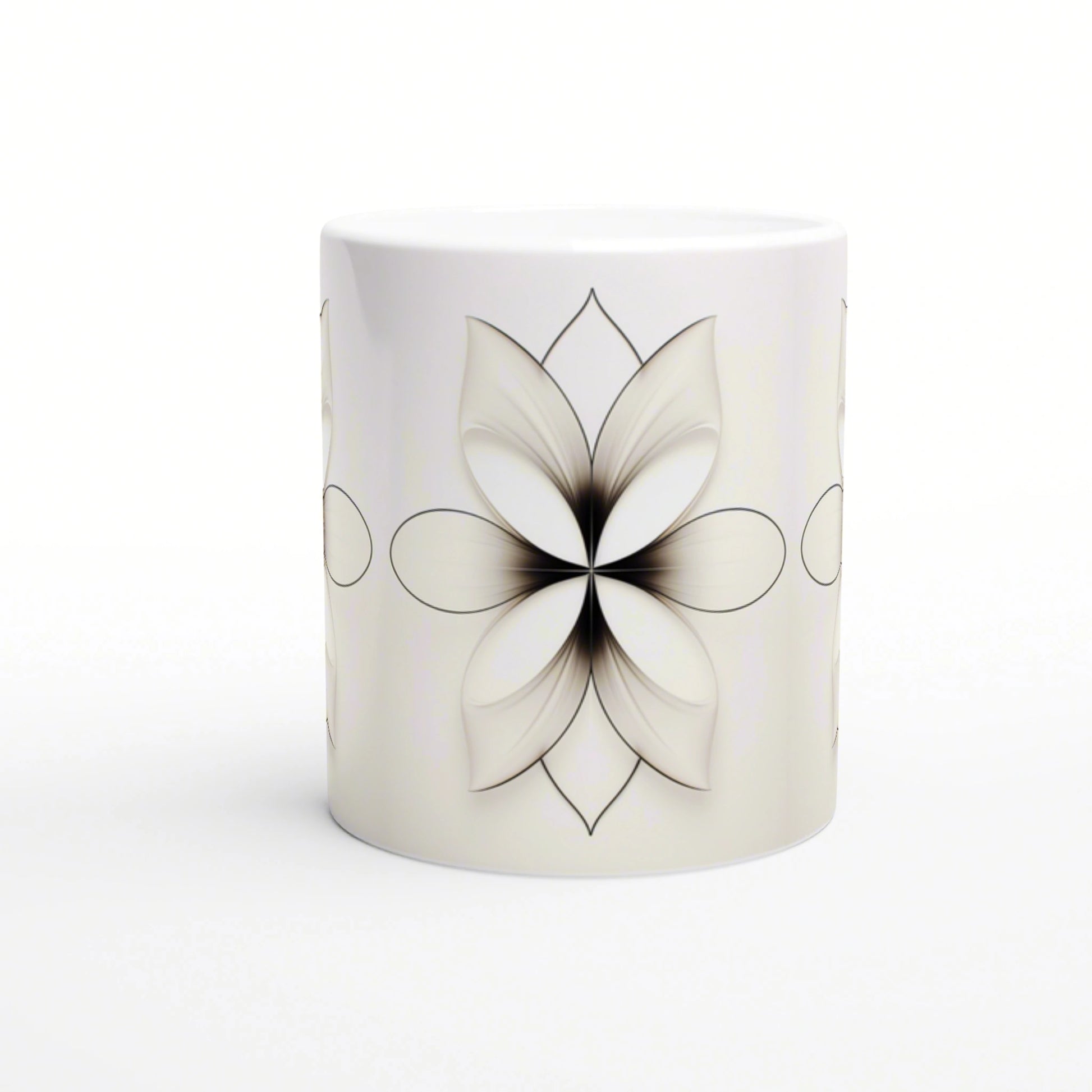 White ceramic mug mockup featuring a black line-art flower with curved petals.