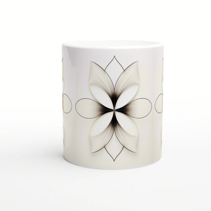White ceramic mug mockup featuring a black line-art flower with curved petals.