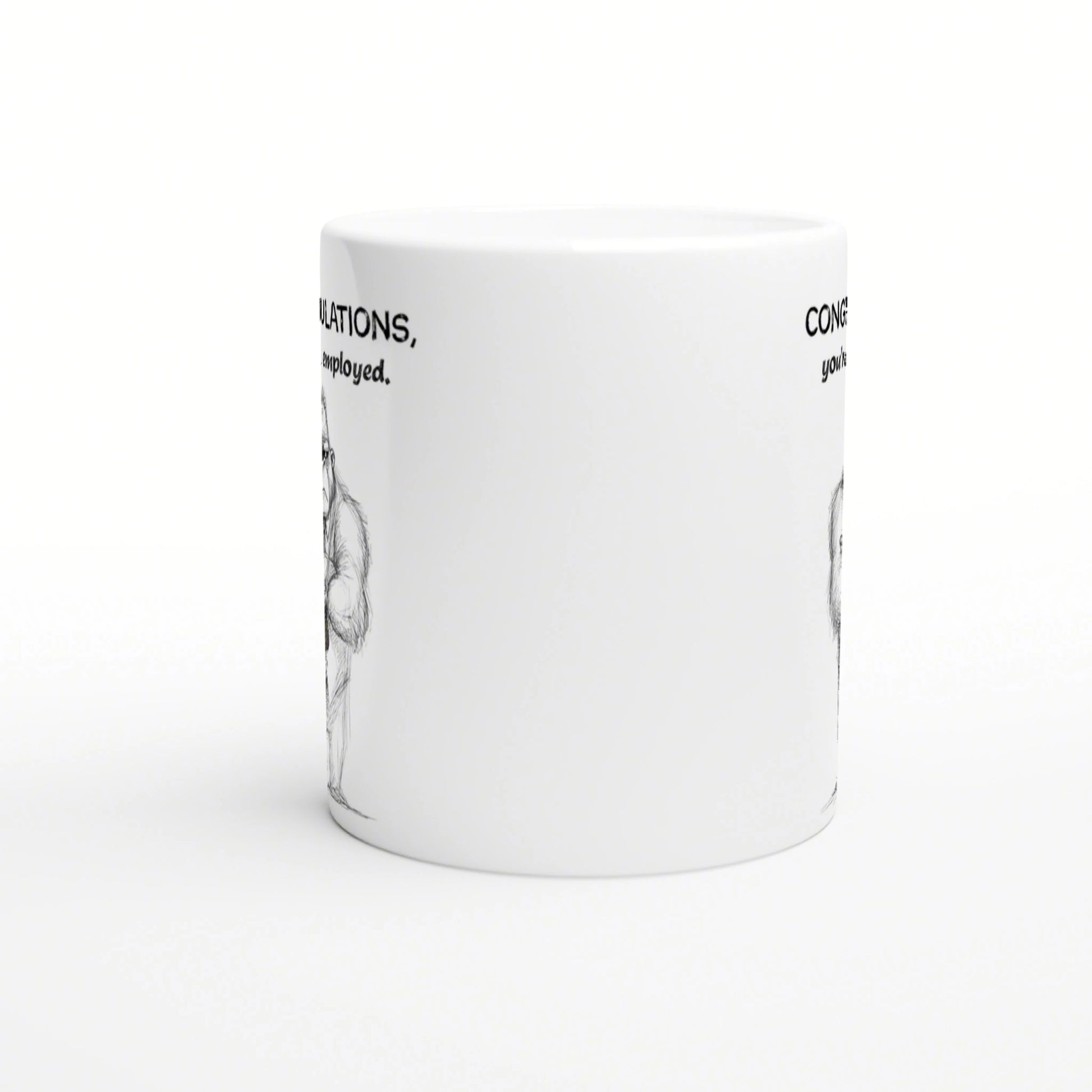 White ceramic mug mockup featuring a black line-drawn illustration along the side and partial bold slogan around the rim.