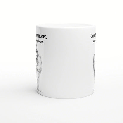 White ceramic mug mockup featuring a black line-drawn illustration along the side and partial bold slogan around the rim.