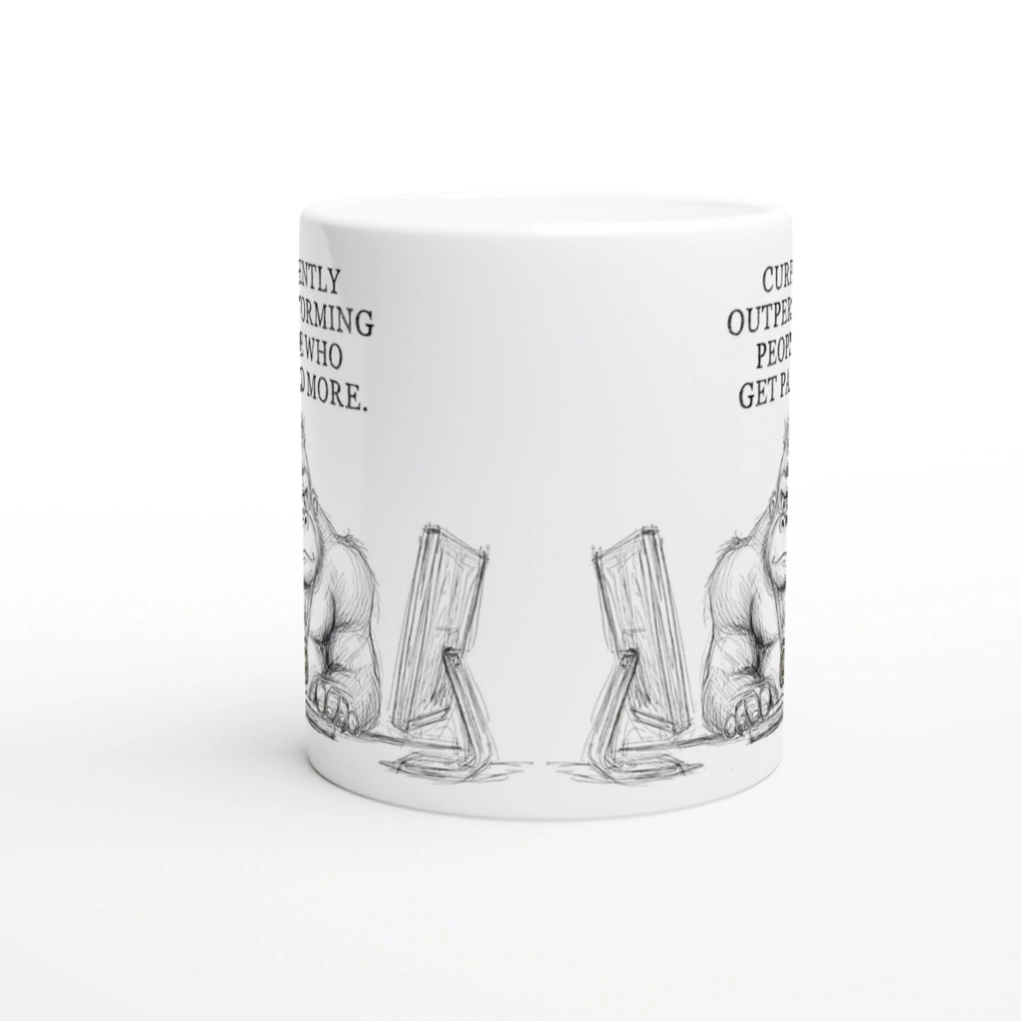 White ceramic mug mockup with a black-and-white sketch of two furry creatures beside angled monitors and partial side text.