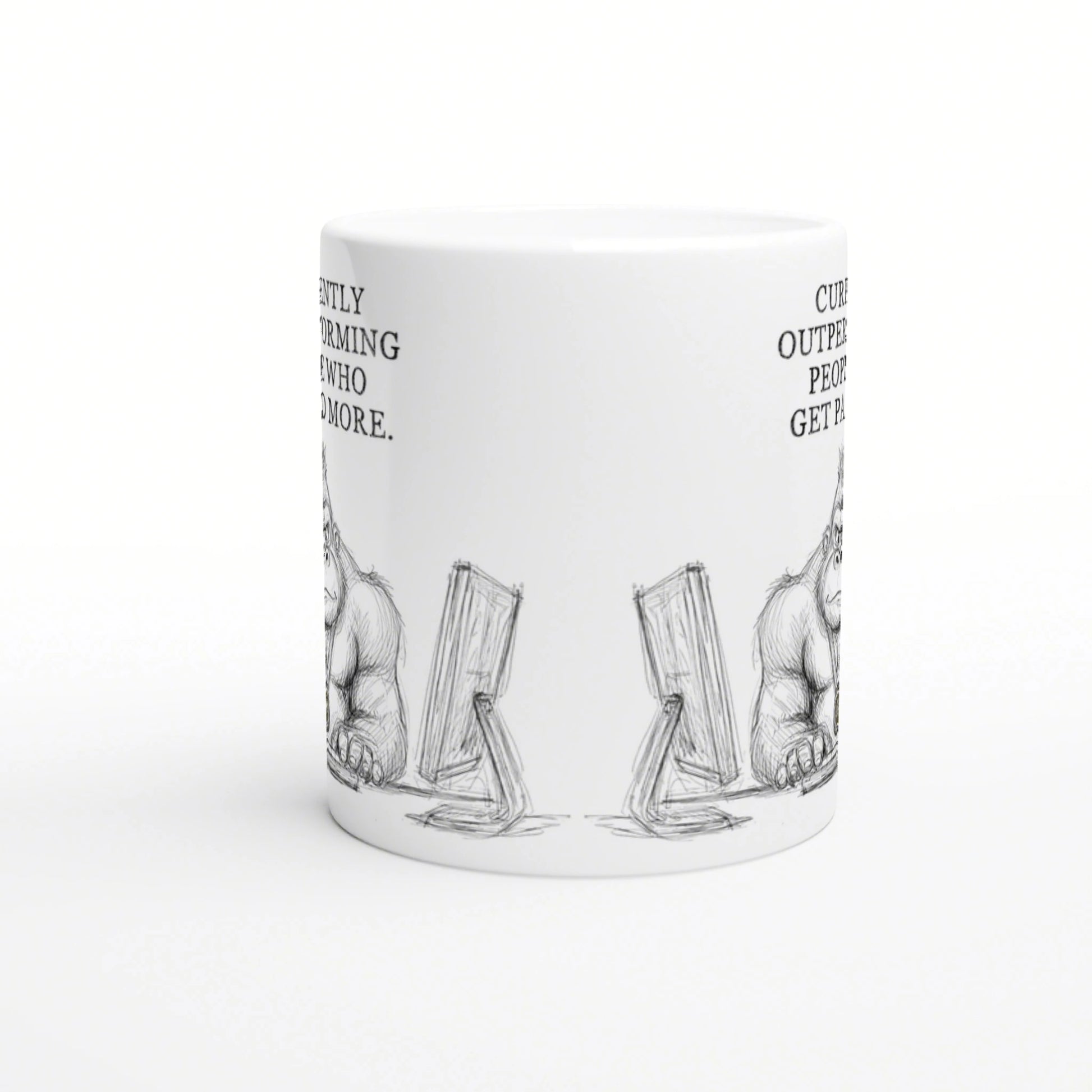 White ceramic mug mockup with a black-and-white sketch of two furry creatures beside angled monitors and partial side text.