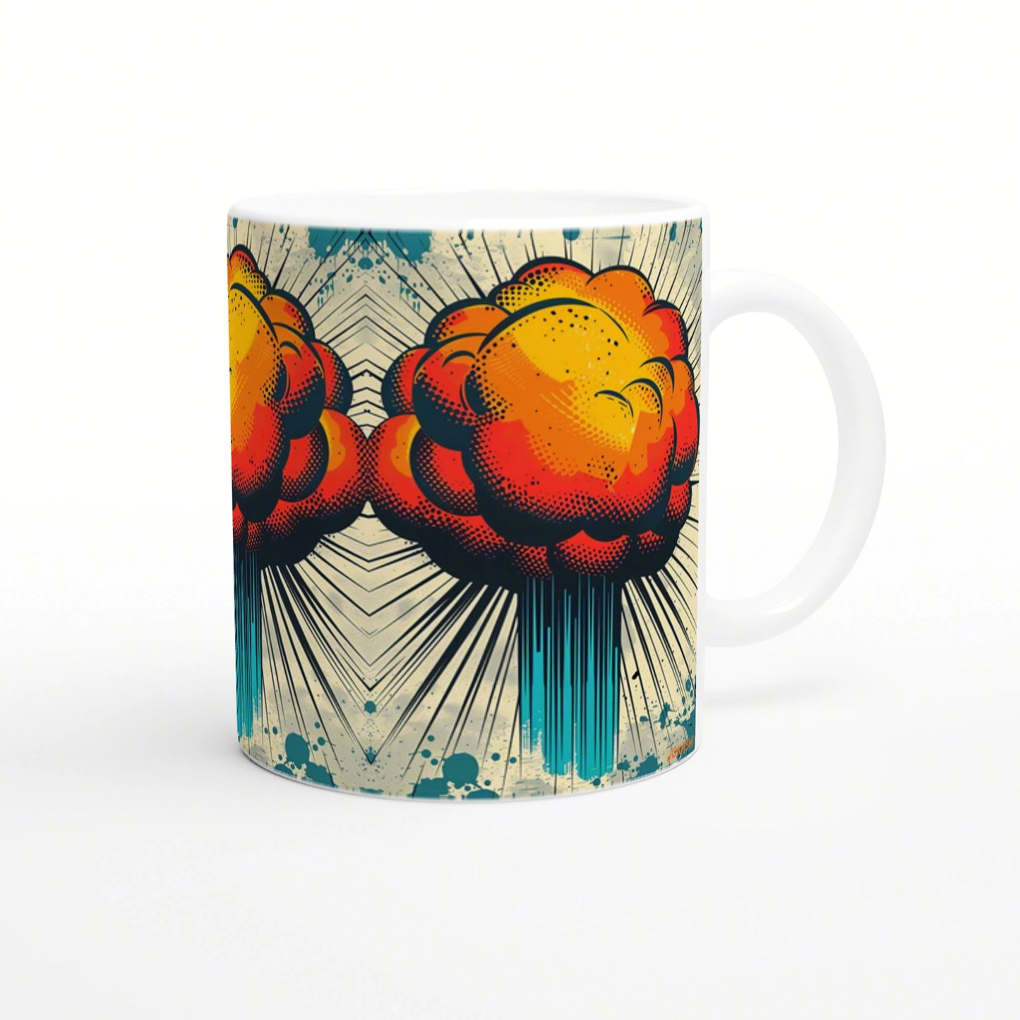 White ceramic mug mockup featuring a bold pop-art explosion design in orange, yellow, and blue.