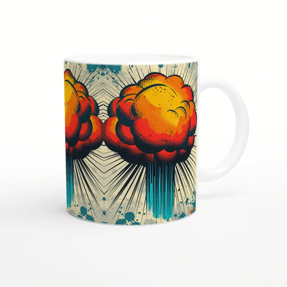 White ceramic mug mockup featuring a bold pop-art explosion design in orange, yellow, and blue.