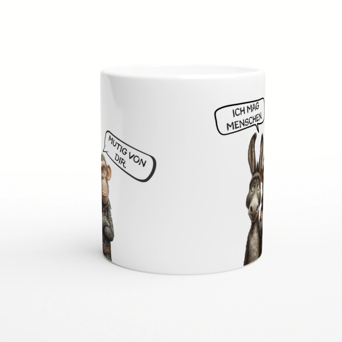 White ceramic mug mockup featuring cartoon animals with speech bubbles reading 'Mutig von dir.' and 'Ich mag Menschen.'