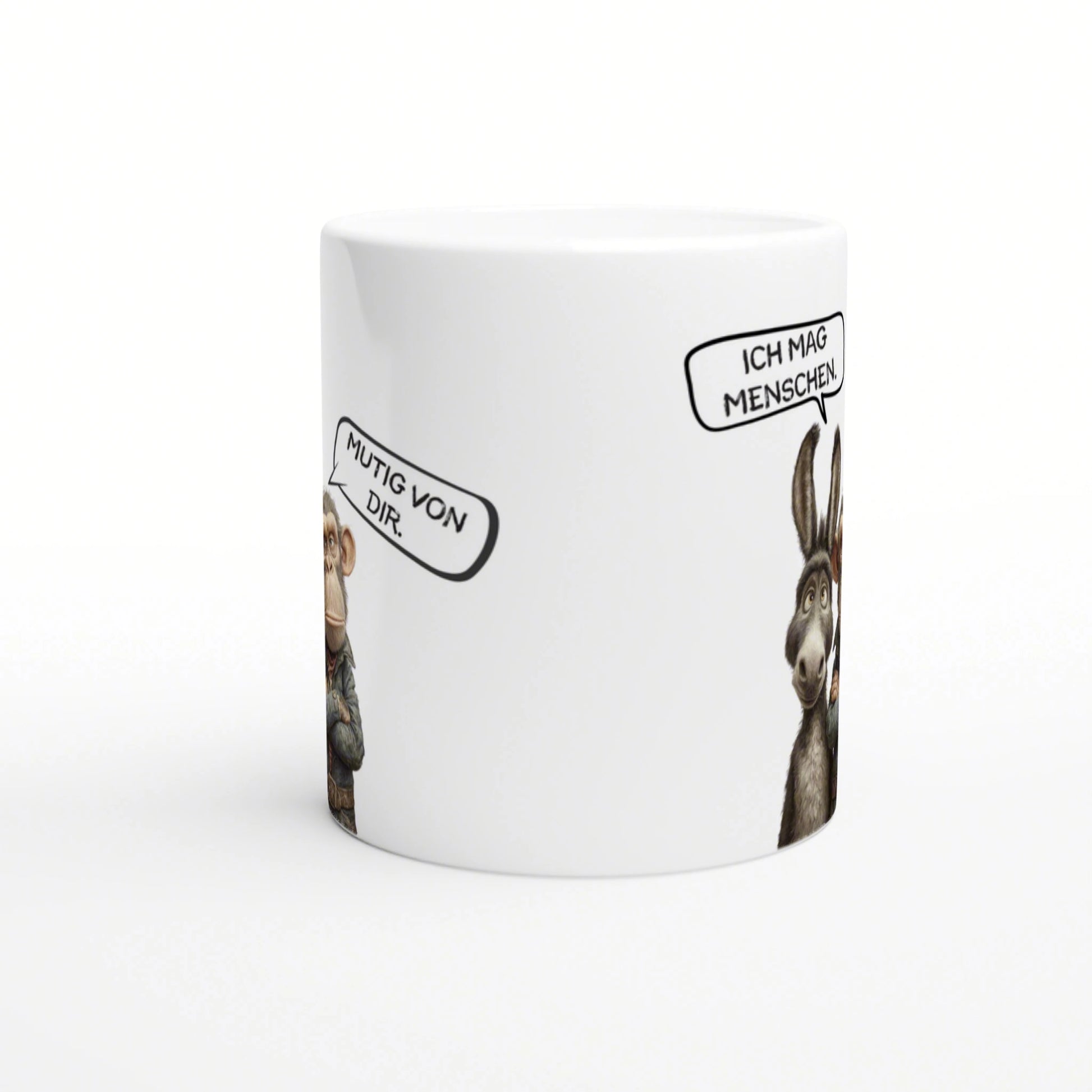 White ceramic mug mockup featuring cartoon animals with speech bubbles reading 'Mutig von dir.' and 'Ich mag Menschen.'