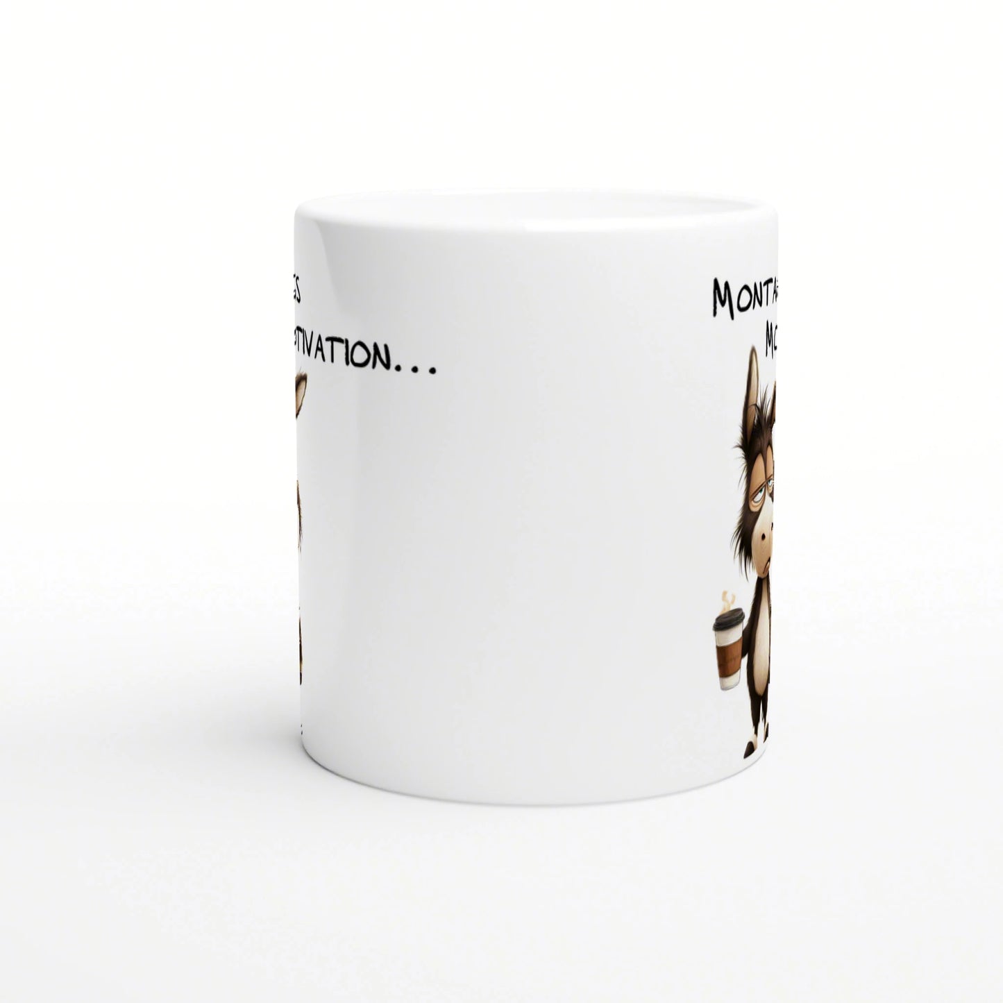 White ceramic mug mockup with a cartoon donkey holding a coffee cup and partial handwritten text.