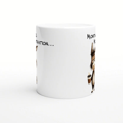 White ceramic mug mockup with a cartoon donkey holding a coffee cup and partial handwritten text.