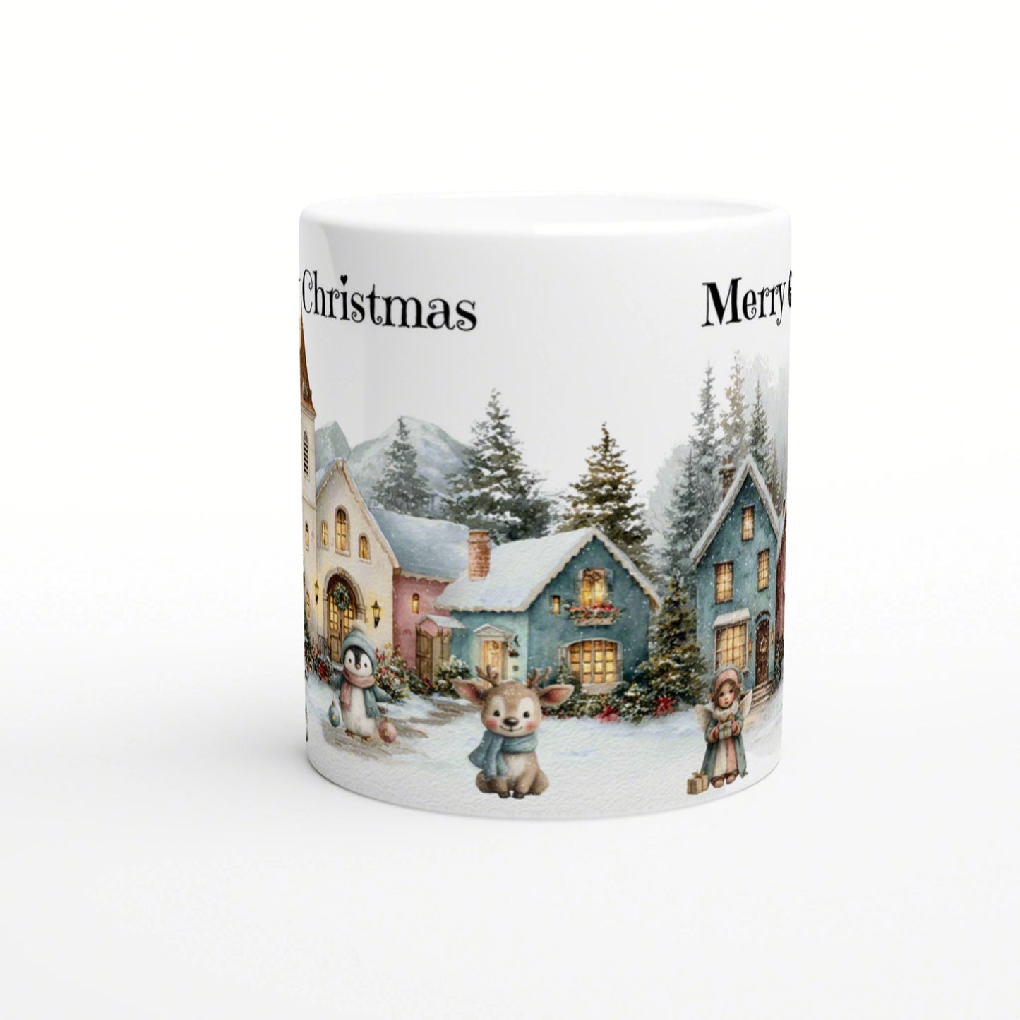 White ceramic mug mockup with wraparound Christmas village scene: snow, houses, trees, cute animals, Merry Christmas text.