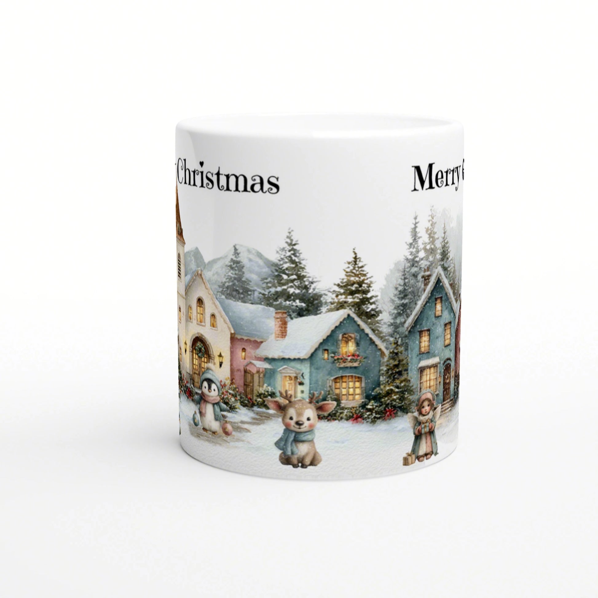 White ceramic mug mockup with wraparound Christmas village scene: snow, houses, trees, cute animals, Merry Christmas text.