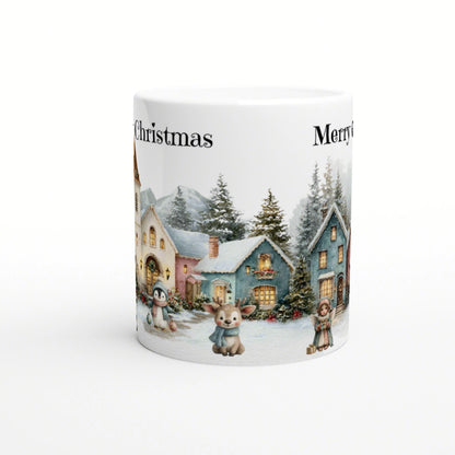 White ceramic mug mockup with wraparound Christmas village scene: snow, houses, trees, cute animals, Merry Christmas text.