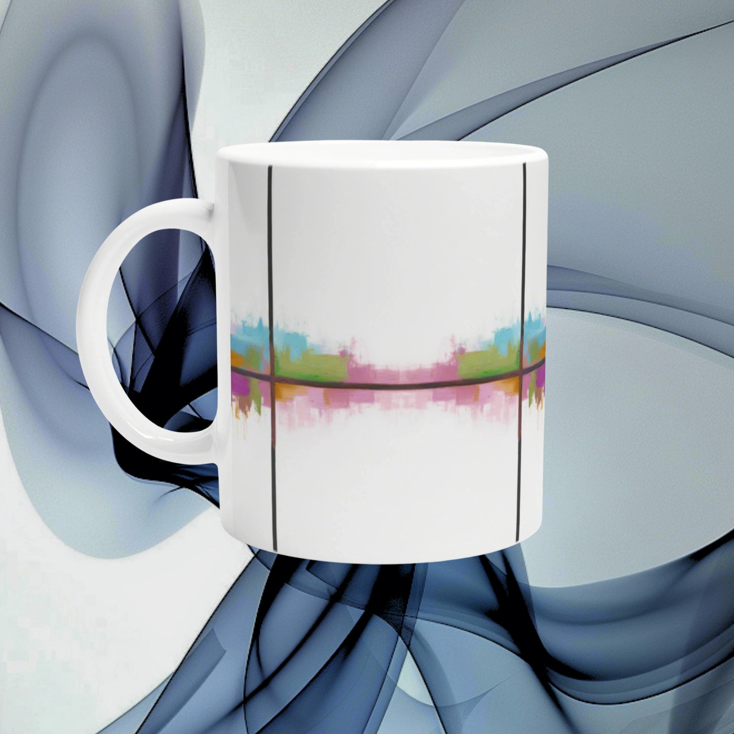 White ceramic mug mockup with a colorful brush-stroke band and black vertical lines, set against a blue abstract background.