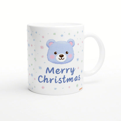 White ceramic mug mockup featuring a cute blue bear face, pastel snowflakes, and Merry Christmas text.