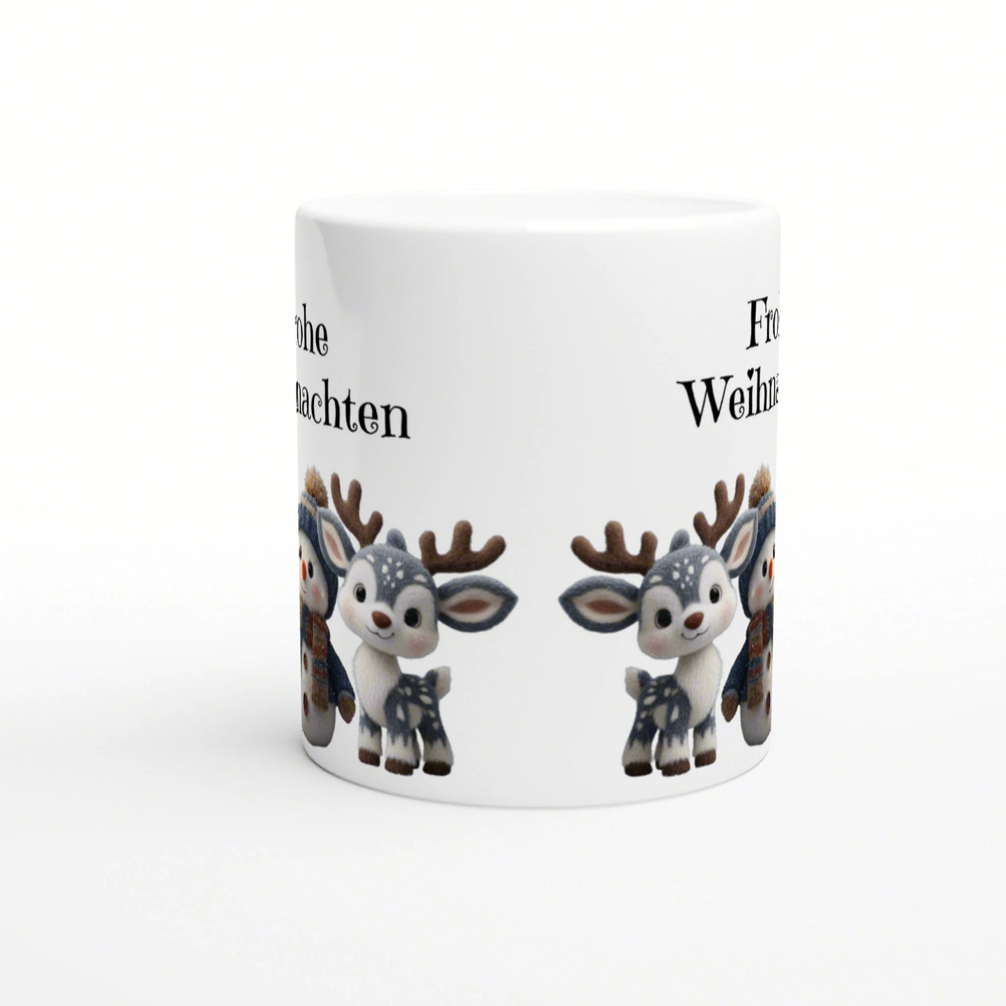 White ceramic mug mockup featuring cute cartoon reindeer along the bottom edge and partial 'Frohe Weihnachten' text.