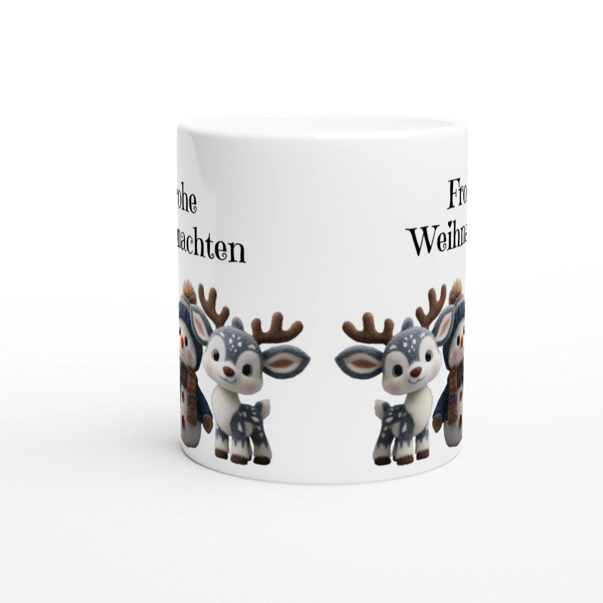 White ceramic mug mockup featuring cute cartoon reindeer along the bottom edge and partial 'Frohe Weihnachten' text.