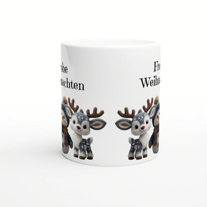 White ceramic mug mockup featuring cute cartoon reindeer along the bottom edge and partial 'Frohe Weihnachten' text.