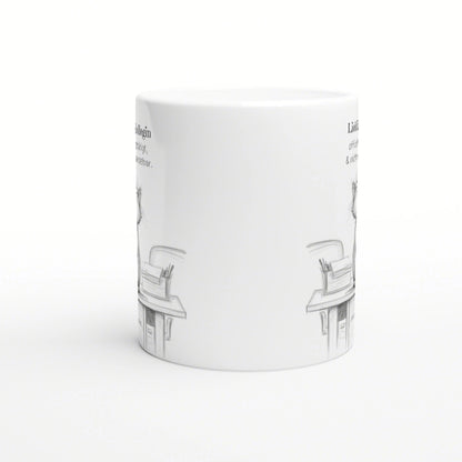 White ceramic mug mockup with faint pencil-drawn storefront sketches along the bottom edge on a white studio backdrop.