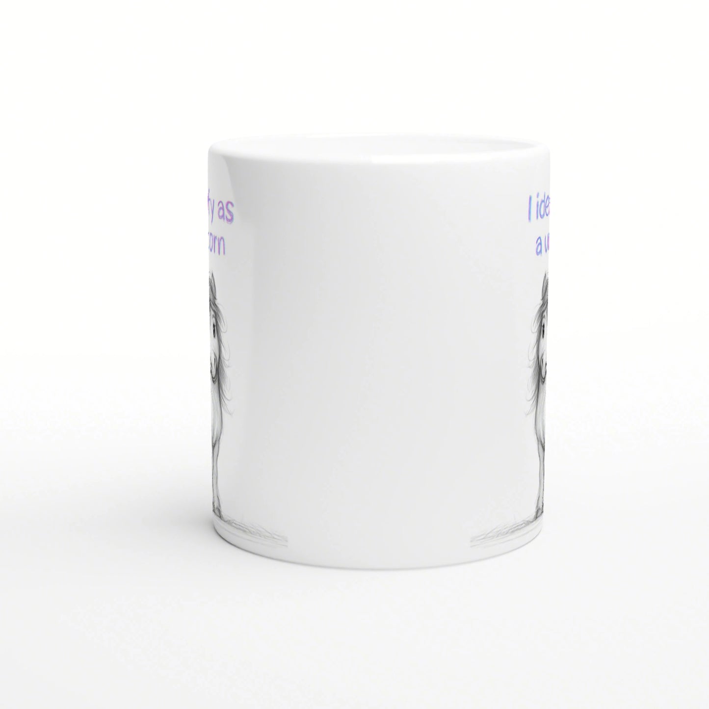 White ceramic mug mockup with a faint grayscale sketch along the lower edge and partial purple text along the sides.