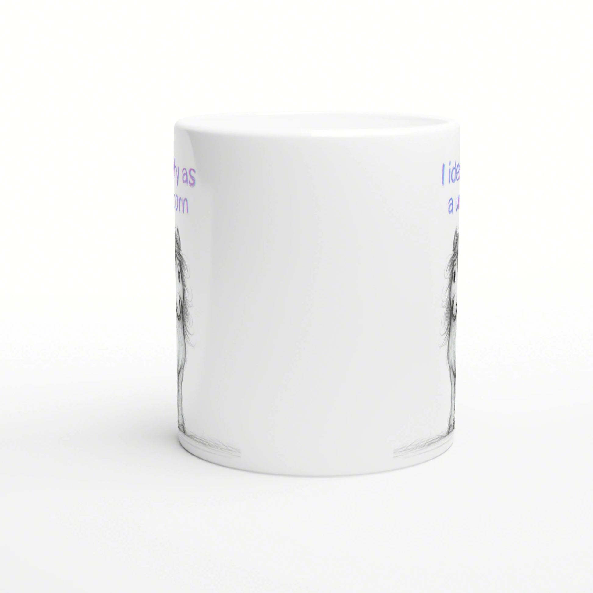 White ceramic mug mockup with a faint grayscale sketch along the lower edge and partial purple text along the sides.