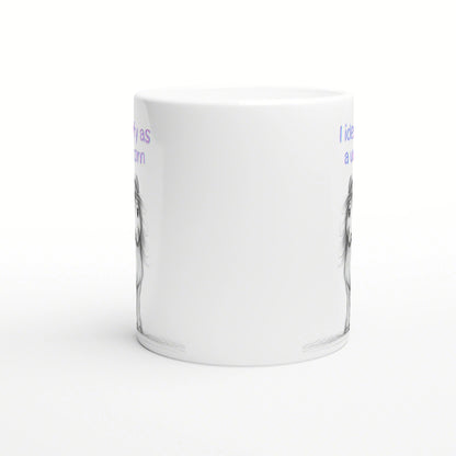 White ceramic mug mockup with a faint grayscale sketch along the lower edge and partial purple text along the sides.