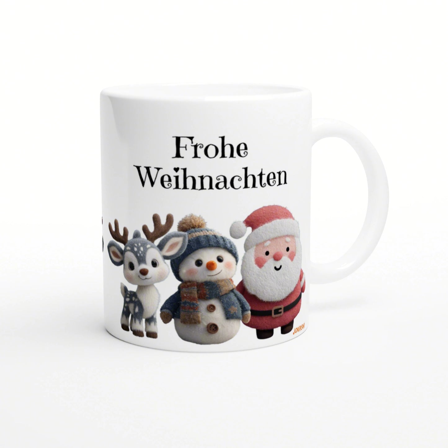 White ceramic mug mockup featuring 'Frohe Weihnachten' with cute Christmas characters: reindeer, snowman, and Santa.