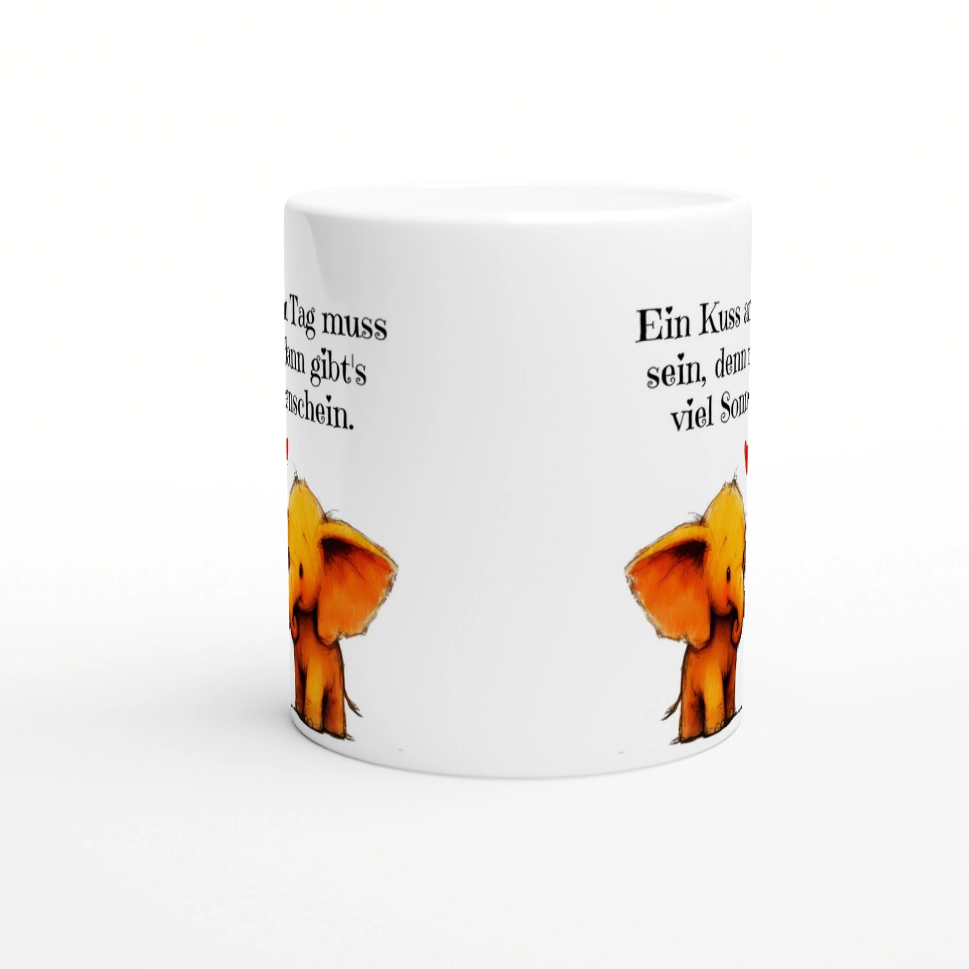 White ceramic mug mockup with black German text circling the sides and small orange cartoon elephants near the bottom.