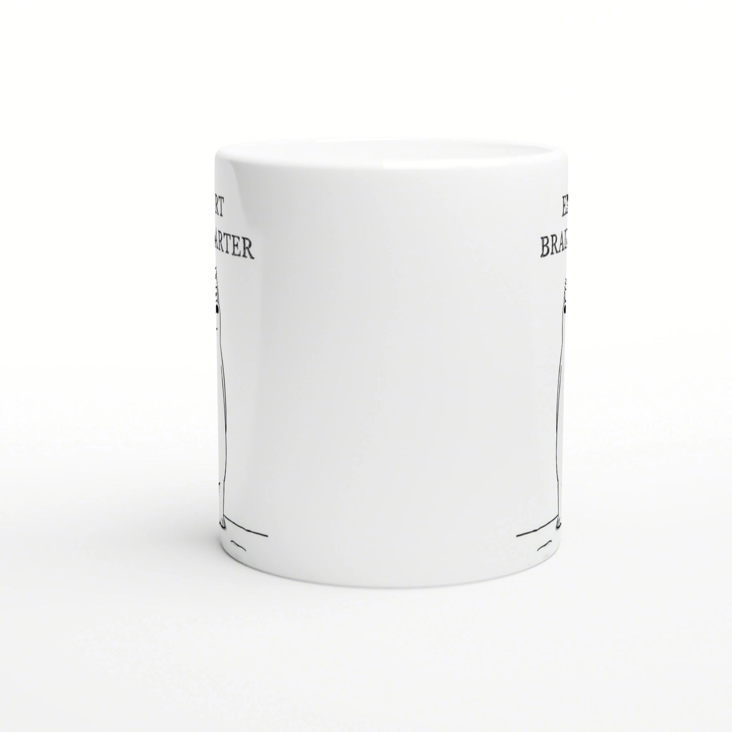 White ceramic mug mockup featuring minimalist black line-art accents along the sides.