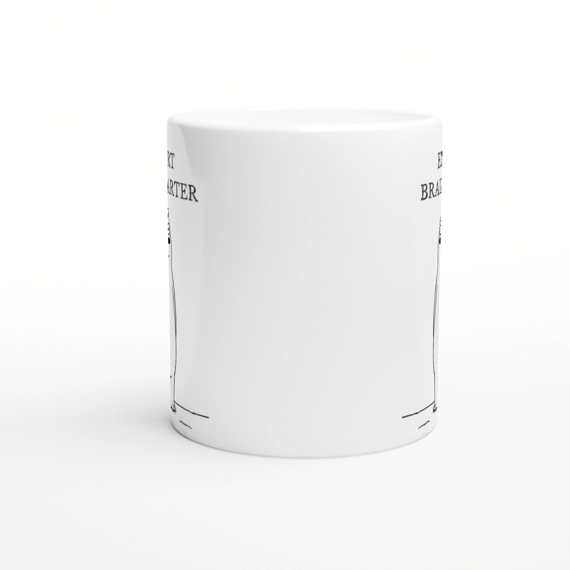 White ceramic mug mockup featuring minimalist black line-art accents along the sides.