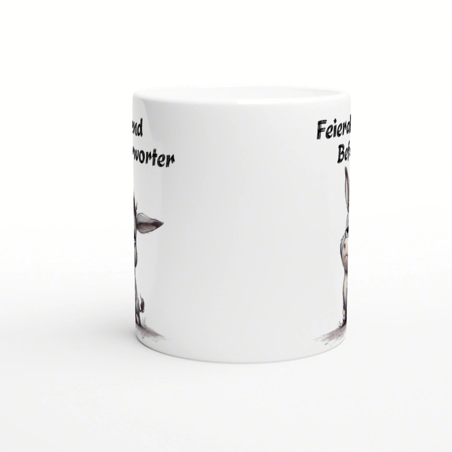 White ceramic mug mockup with partial black handwritten text around the sides; clean product shot.