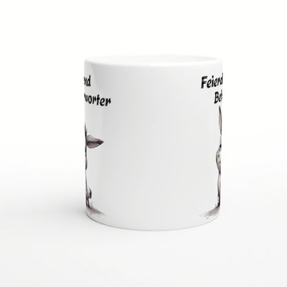 White ceramic mug mockup with partial black handwritten text around the sides; clean product shot.