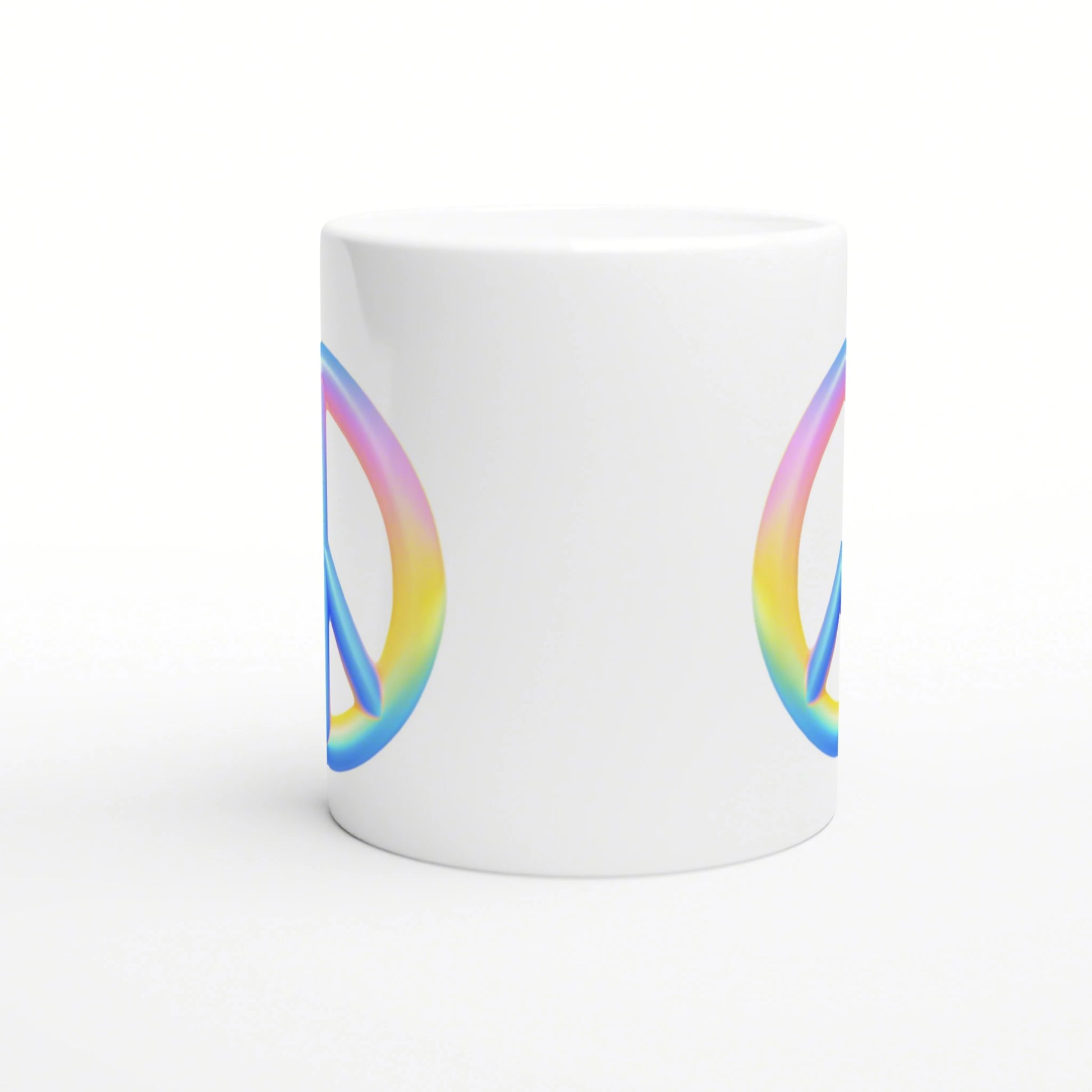 White ceramic mug mockup with colorful partial rainbow loops along both sides.