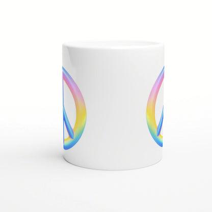 White ceramic mug mockup with colorful partial rainbow loops along both sides.