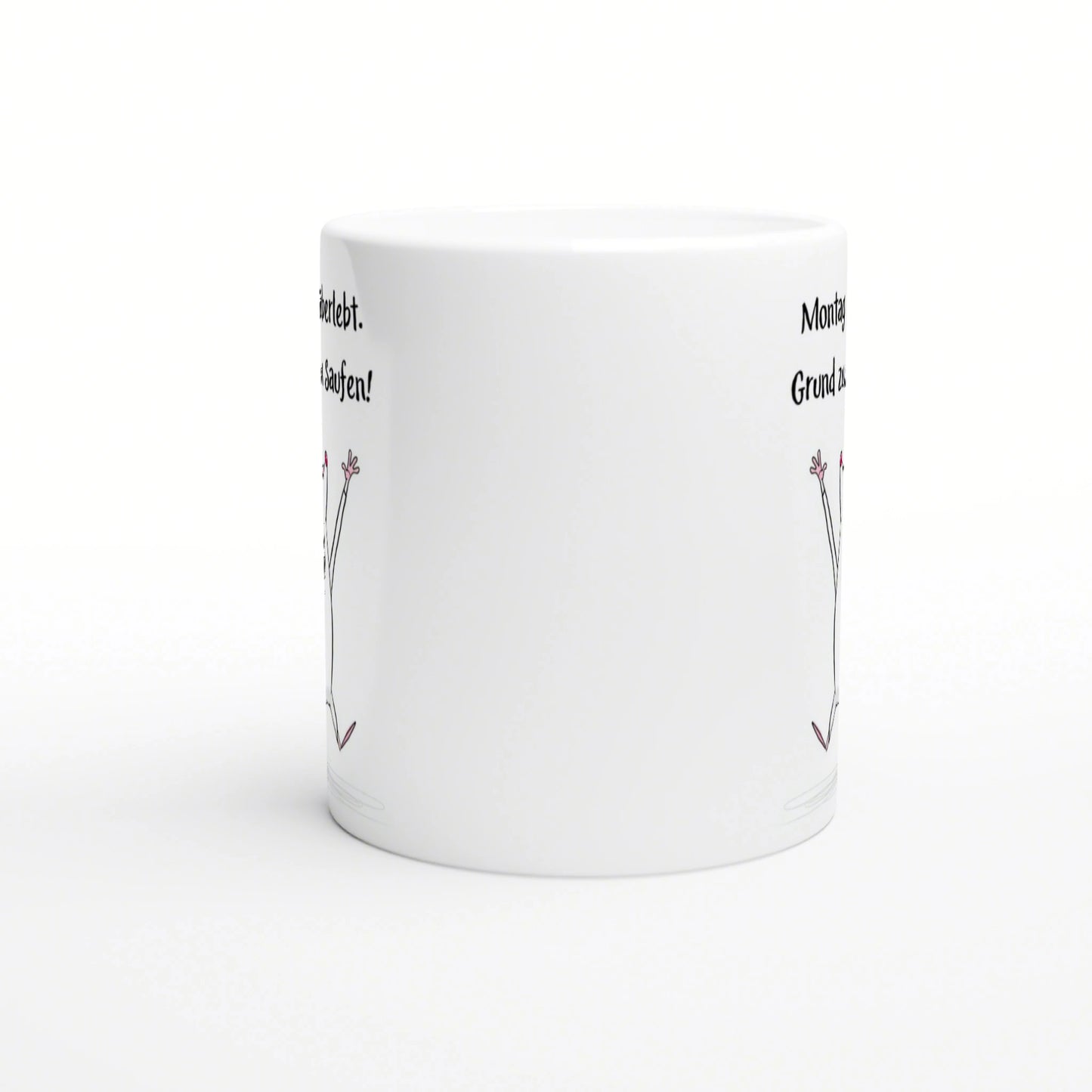 White ceramic mug mockup with partial black text along the sides and a simple line-drawn figure with raised arms.