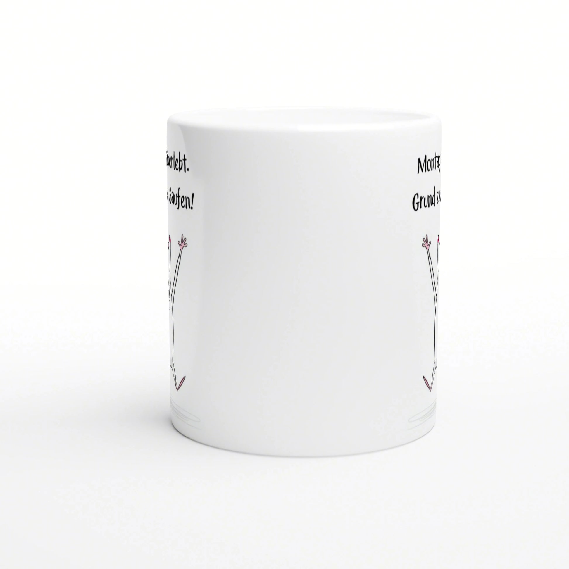 White ceramic mug mockup with partial black text along the sides and a simple line-drawn figure with raised arms.