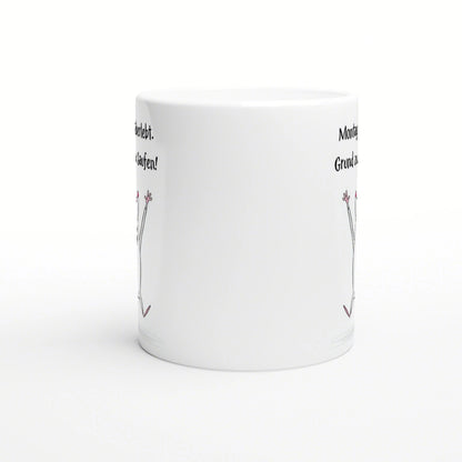 White ceramic mug mockup with partial black text along the sides and a simple line-drawn figure with raised arms.