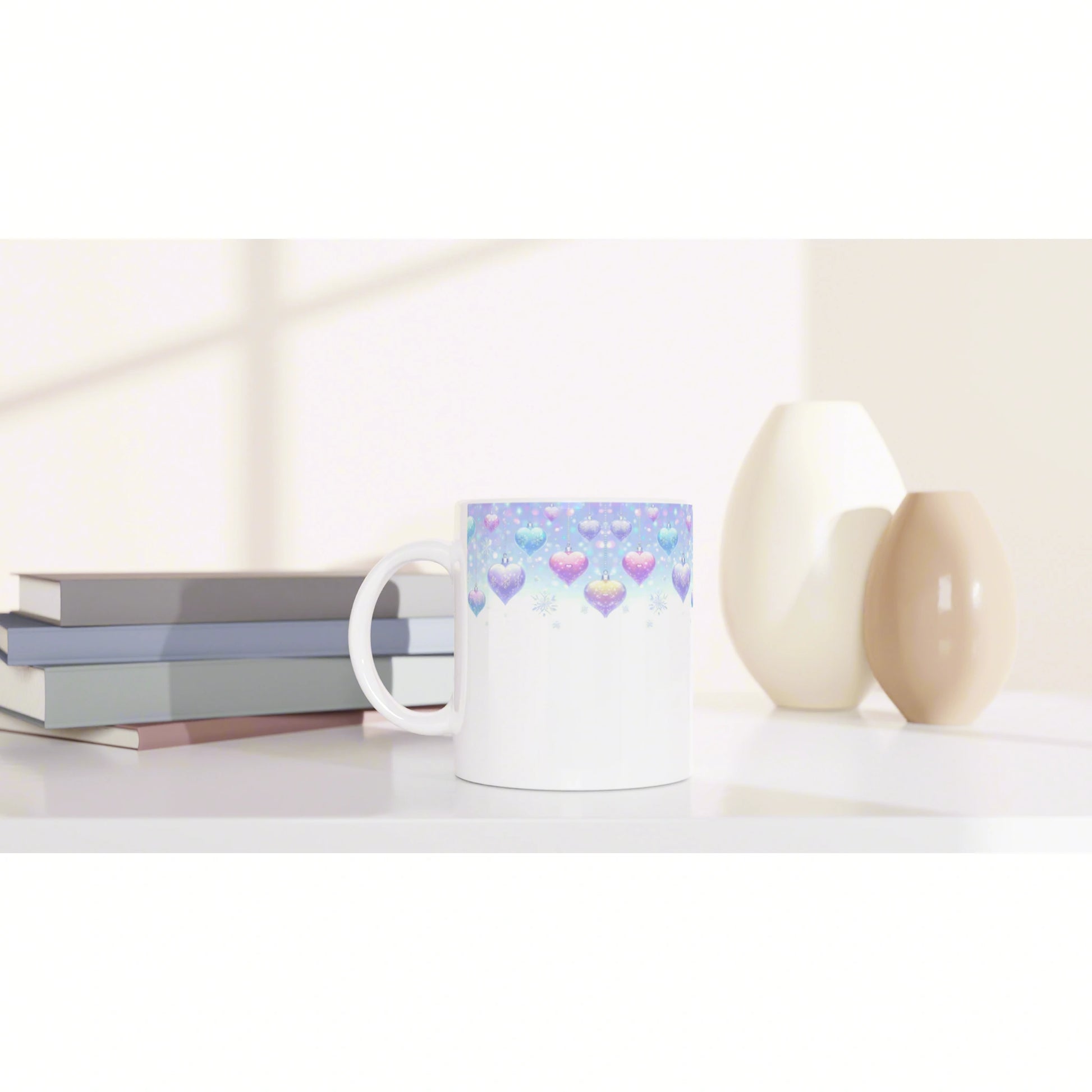White ceramic mug mockup with a pastel blue gradient and heart pattern, placed on a shelf beside books and decorative vases.