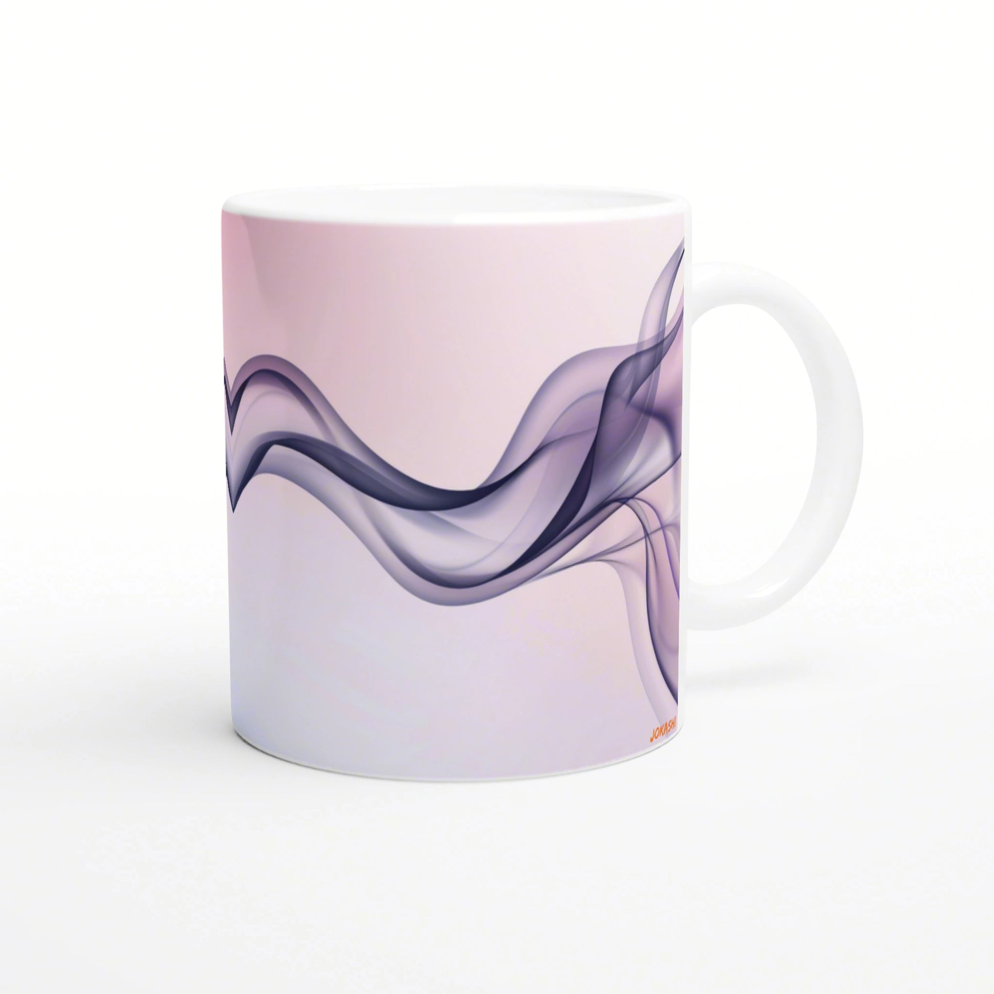 White ceramic mug mockup featuring a pastel pink-lavender gradient with an abstract flowing dark purple smoke design.