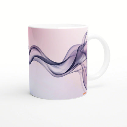 White ceramic mug mockup featuring a pastel pink-lavender gradient with an abstract flowing dark purple smoke design.
